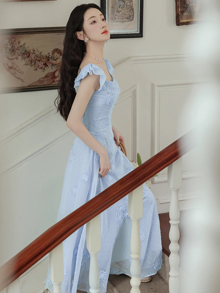 LIZAKOSHT  -  Summer Lady Blue Dress Retro French Style Embroidery Flower Flying Sleeve Romantic Fairy Princess Dresses For Vacation Holidays