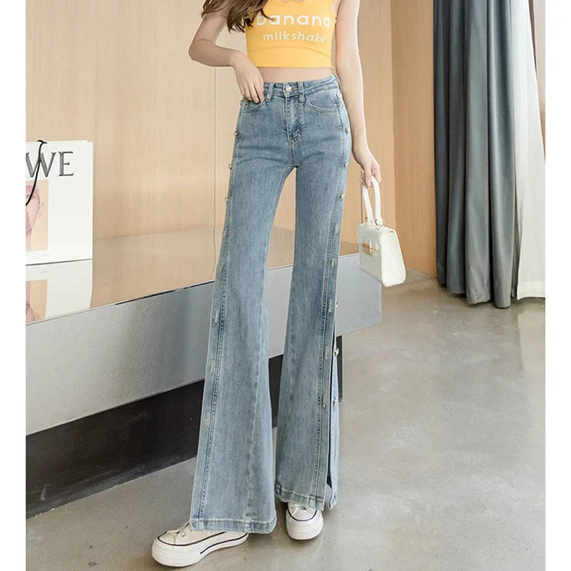 LIZAKOSHT  -  Women Vintage Pocket Long Plus Size Denim Pants Sexy Heavy Industry Wide Leg Summer Thin Side Open Button Jeans Streetwear