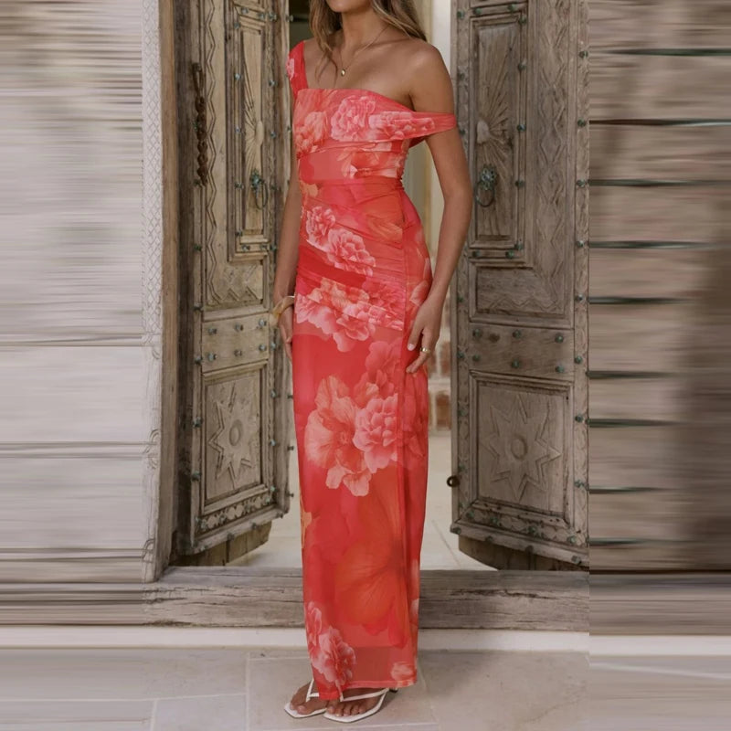 LIZAKOSHT  -  Pattern printed women's temperament slim fit dress casual vacation elegant off shoulder fashion party long dress