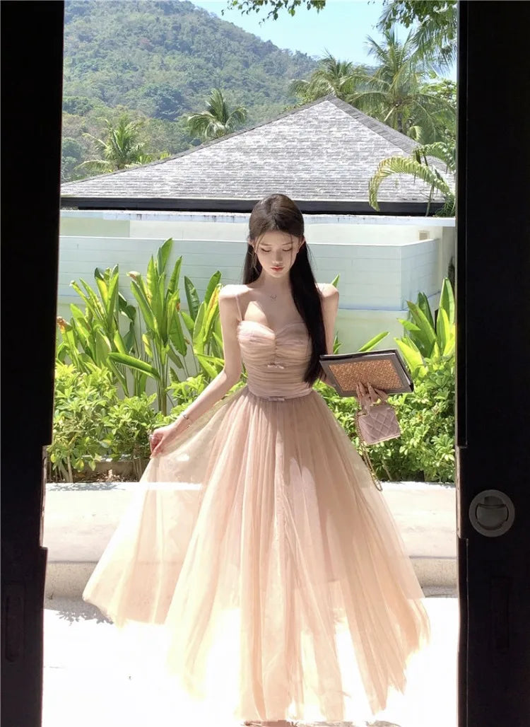 LIZAKOSHT  -  Woman Dress Bow Sleeveless Slash Neck Mesh Patchwork Princess Sweet Elegant Summer Fashion Party Dresses Female