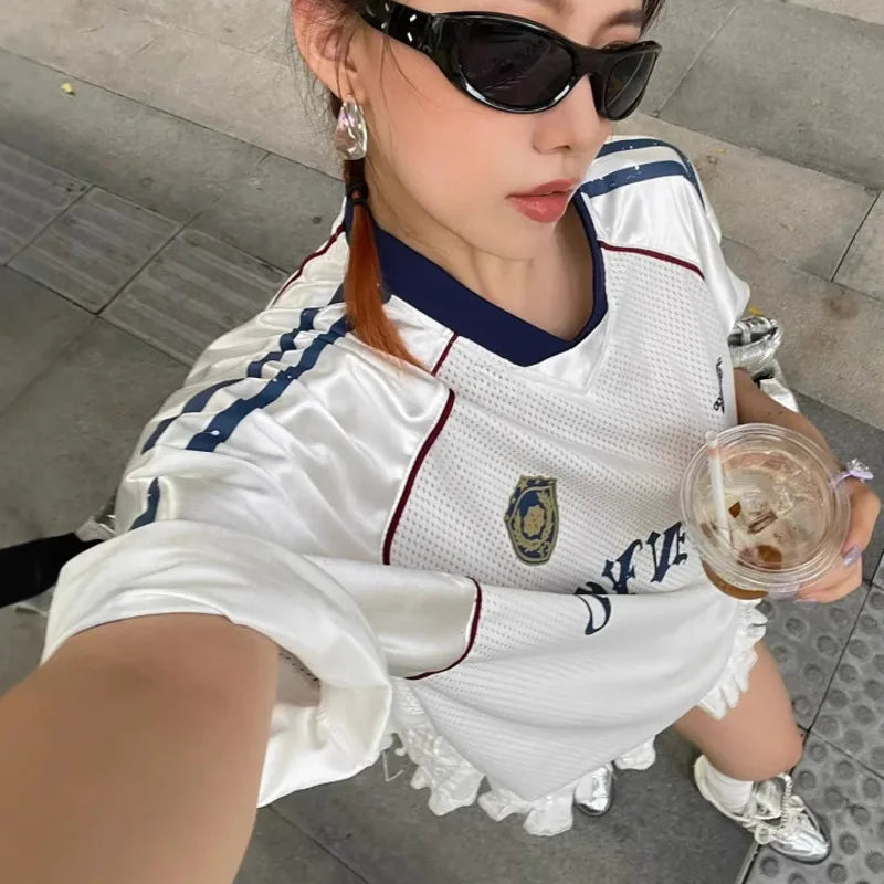 LIZAKOSHT  -  Women Hollowed Out Sportswear Striped Half Sleeved Loose T-shirt Casual Sports Retro Street Trend Summer Comfortable Breathable