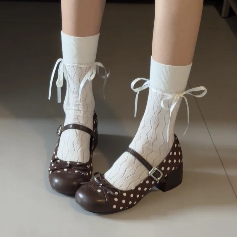 LIZAKOSHT  -  Cute Polka Dot Thick Heel Women Mary Jane Shoes Designer Buckle Strap Pumps Ladies Eelgant Butterfly-knot Dress Single Shoes