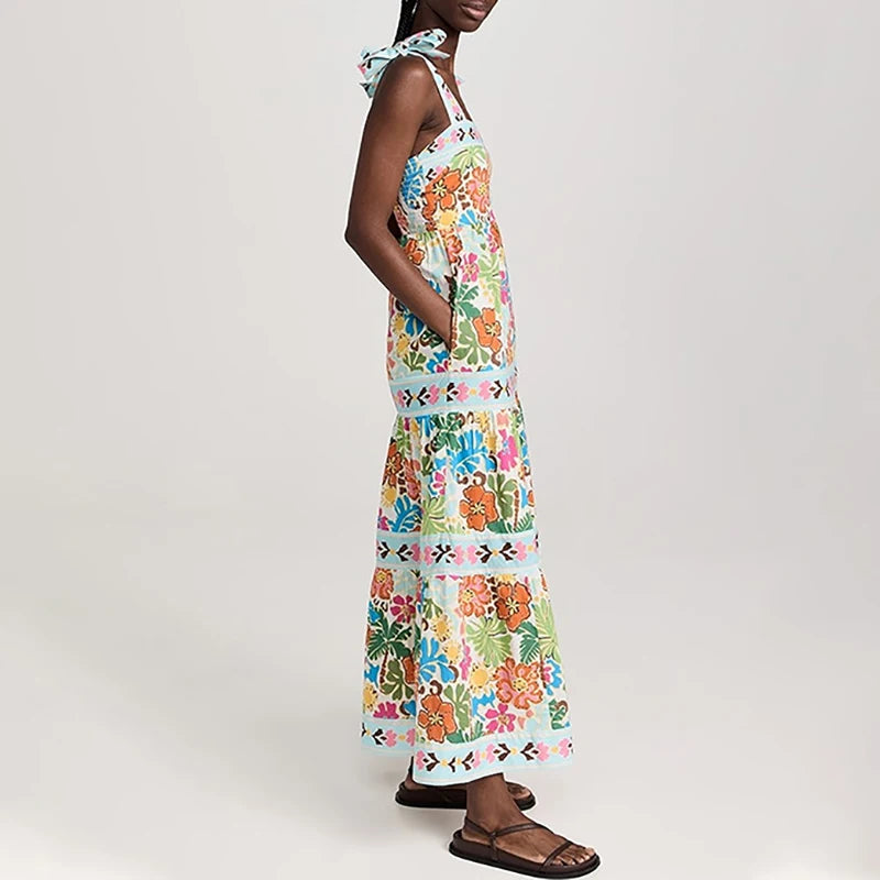 LIZAKOSHT  -  Fashion Floral Print Tie Up Pleated Holiday Dresses Summer Spaghetti Strap Long Dress Boho Sleeveless Low Cut Beach Sexy Dress