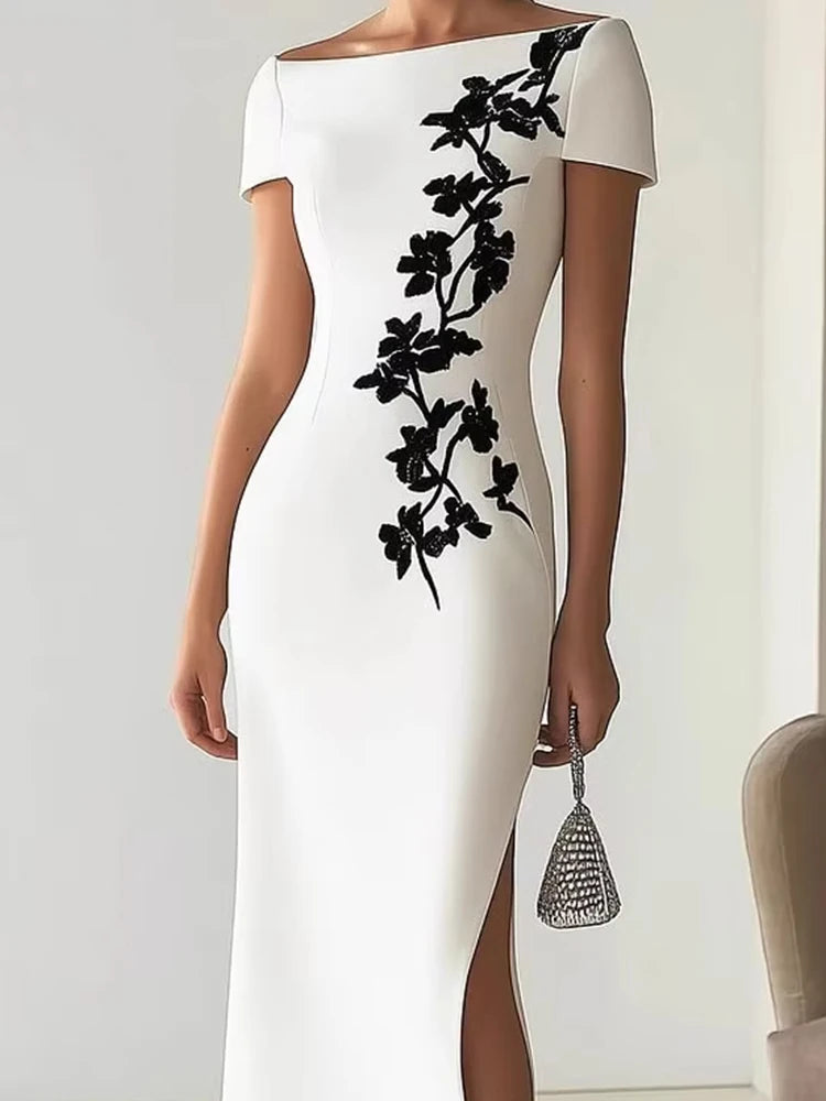 LIZAKOSHT  -  Summer Floral Print Split Long Dresses 2025 Woman Sexy Slash Neck Hollow Party Dress Summer Short Sleeve Slim Boho Dress Vestido