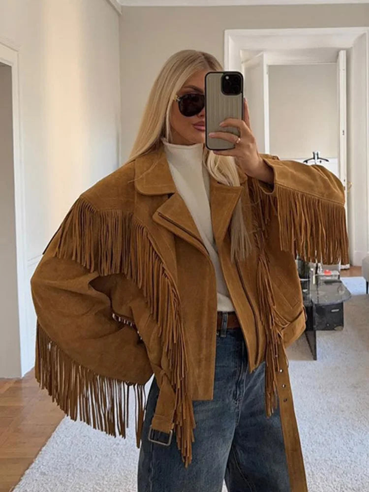 LIZAKOSHT  -  Elegant Camel Cropped Suede Jacket Women Lapel Full Sleeve Pocket Zipper Short Coat New Causal Autumn Lady Daily Streetwear 2025