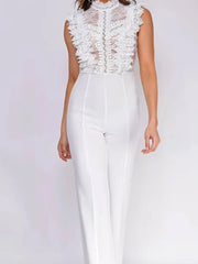 LIZAKOSHT  -  Stand Collar Sleeveless One Piece Jumpsuits Sexy Lace Patchwork Sheer Straight Rompers Women Elegant Waist Solid Long Playsuits