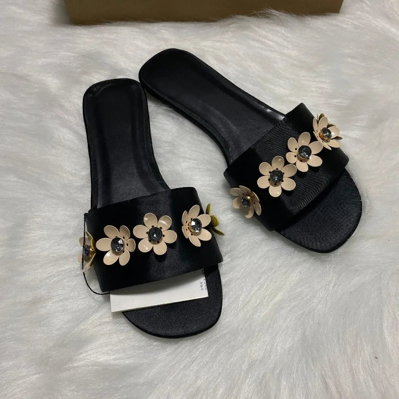 LIZAKOSHT  -  Brand Summer Women Flat Slides Flower Decoration Black Open Toe Vacation Female Beach Shoes Outside Plus Size Modern Slippers