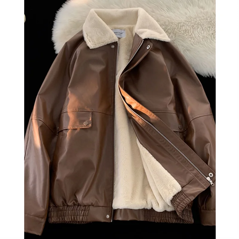 LIZAKOSHT  -  Winter Lapel Pu Leather Women Padded Jacket Faux Lamb Vintage Spliced Zipper Outwear Loose Highstreet Fleece Collar Warm Coat
