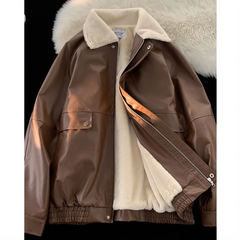 LIZAKOSHT  -  Winter Lapel Pu Leather Women Padded Jacket Faux Lamb Vintage Spliced Zipper Outwear Loose Highstreet Fleece Collar Warm Coat