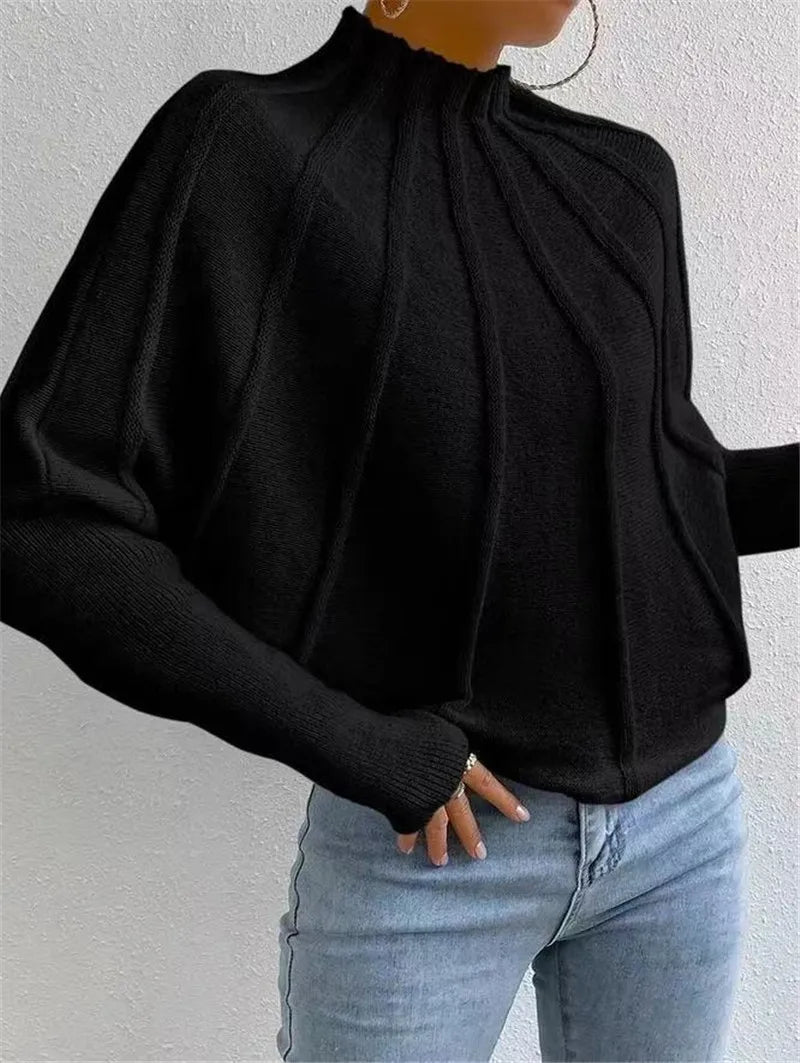 LIZAKOSHT  -  Kintted Pullover Batball Sleeve Sweater Women Solid Round Neck Long Sleeve Top New T-shirt Loose Spider Web Short Knitwear