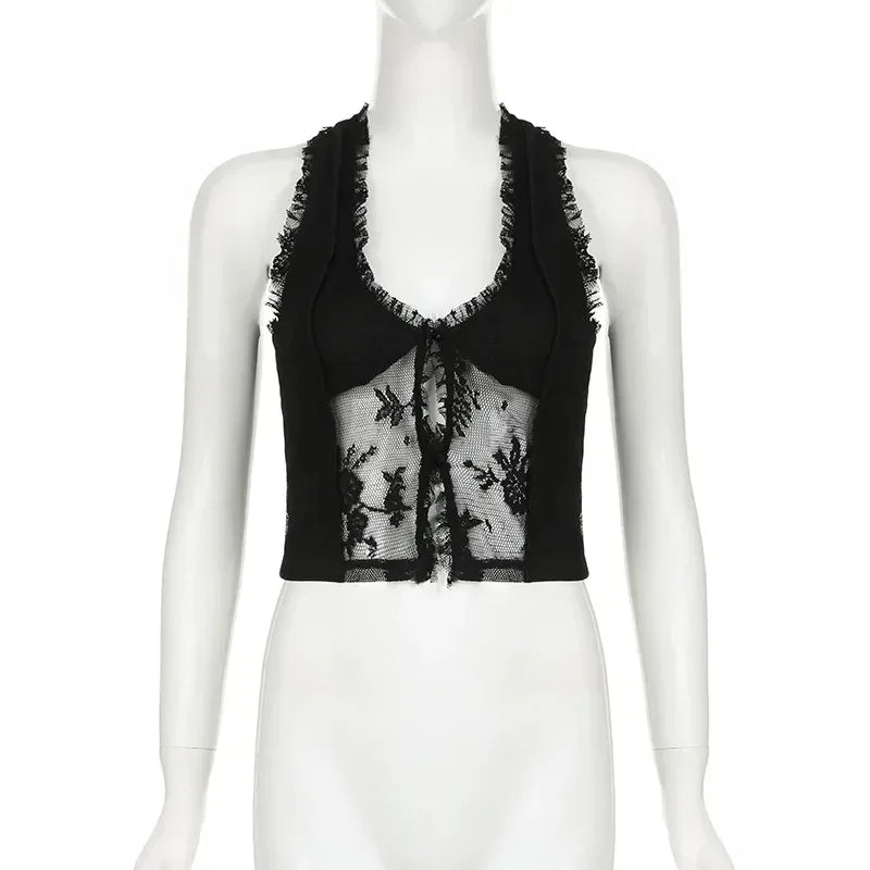 LIZAKOSHT  -  New Dark Vintage Techwear Hotsweet Lace See Through Thin Tanks Top Sexy Button Cardigan Crop Tops Women's Gothic Sheer Vest