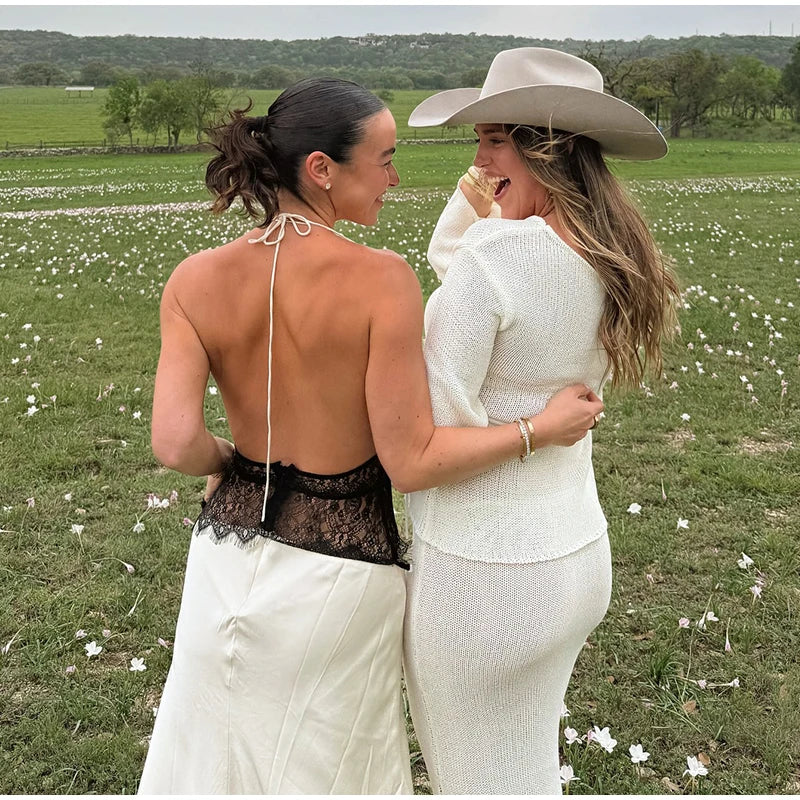 LIZAKOSHT  -  Patchwork Lace Long Dress For Women Deep V-neck Halter Sleeveless Draped Backless Robe 2025 Summer Elegant Female Party Dresses