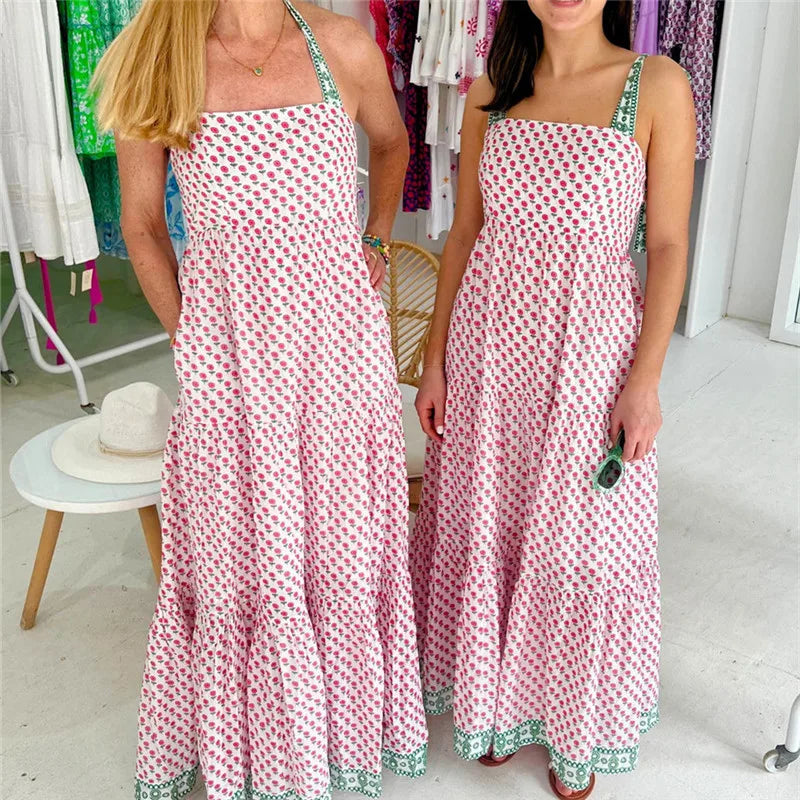 LIZAKOSHT  -  Women's Tie Shoulder Strap Dress Fashion Print Sleeveless Backless Long Flowy Dress for Summer Holiday Beach Sundress