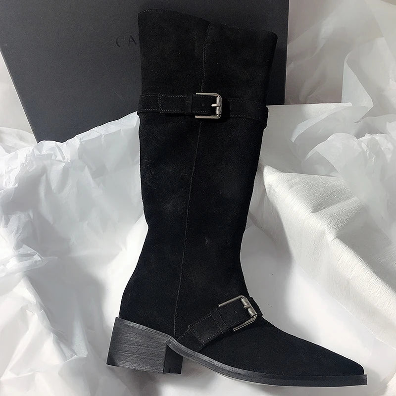 LIZAKOSHT  -  Fashion Vintage Women Western Knee High Boots Fashion Winter Belt Buckle Stripper Party Shoes Zapatos De Mujes