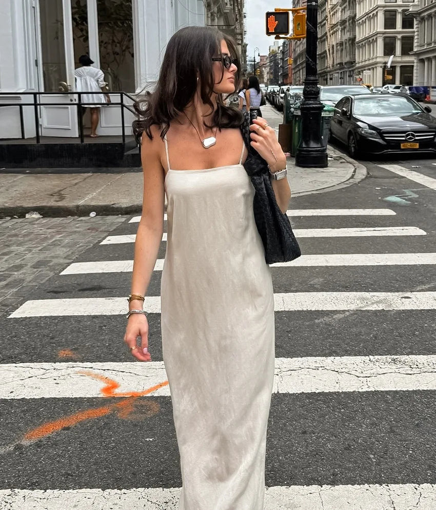 LIZAKOSHT  -  Spring and Summer Commuting Khaki Cotton and Linen Suspender Dress Women's Fashion Loose A-shaped Long Dress