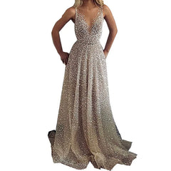 LIZAKOSHT  -  Evening Gown Floor Length Dr Sparkling Long Skirt V Ne mid Waist Polyester Fiber Spring Season Princ Sle