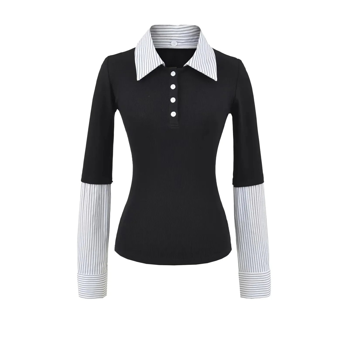LIZAKOSHT  -  Women Polo Collar Patchwork Button Up Stripes Print Long-Sleeve Shirt Blouse
