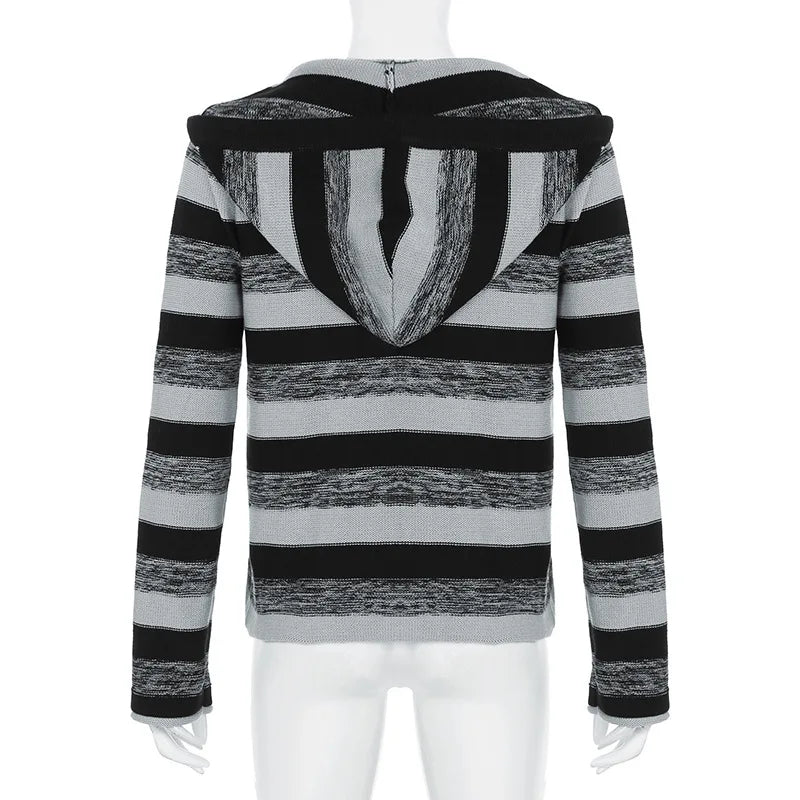 LIZAKOSHT  -  Aesthetic Striped Knitted Hooded Sweaterwith Pockets Autumn Casual Long Sleeve Pullovers Tops 90s Cyber Grunge Vintage Jumpers