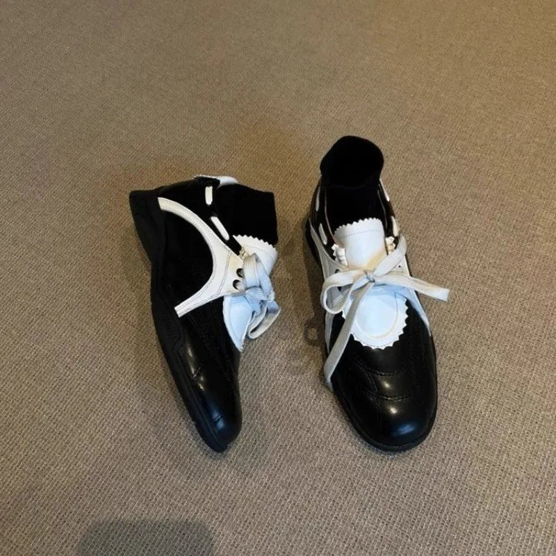 LIZAKOSHT  -  Flat Sneakers Autumn New Round Toe Front Lace-up Color Matching Soft Sole Non-slip Wear-resistant Single Shoes