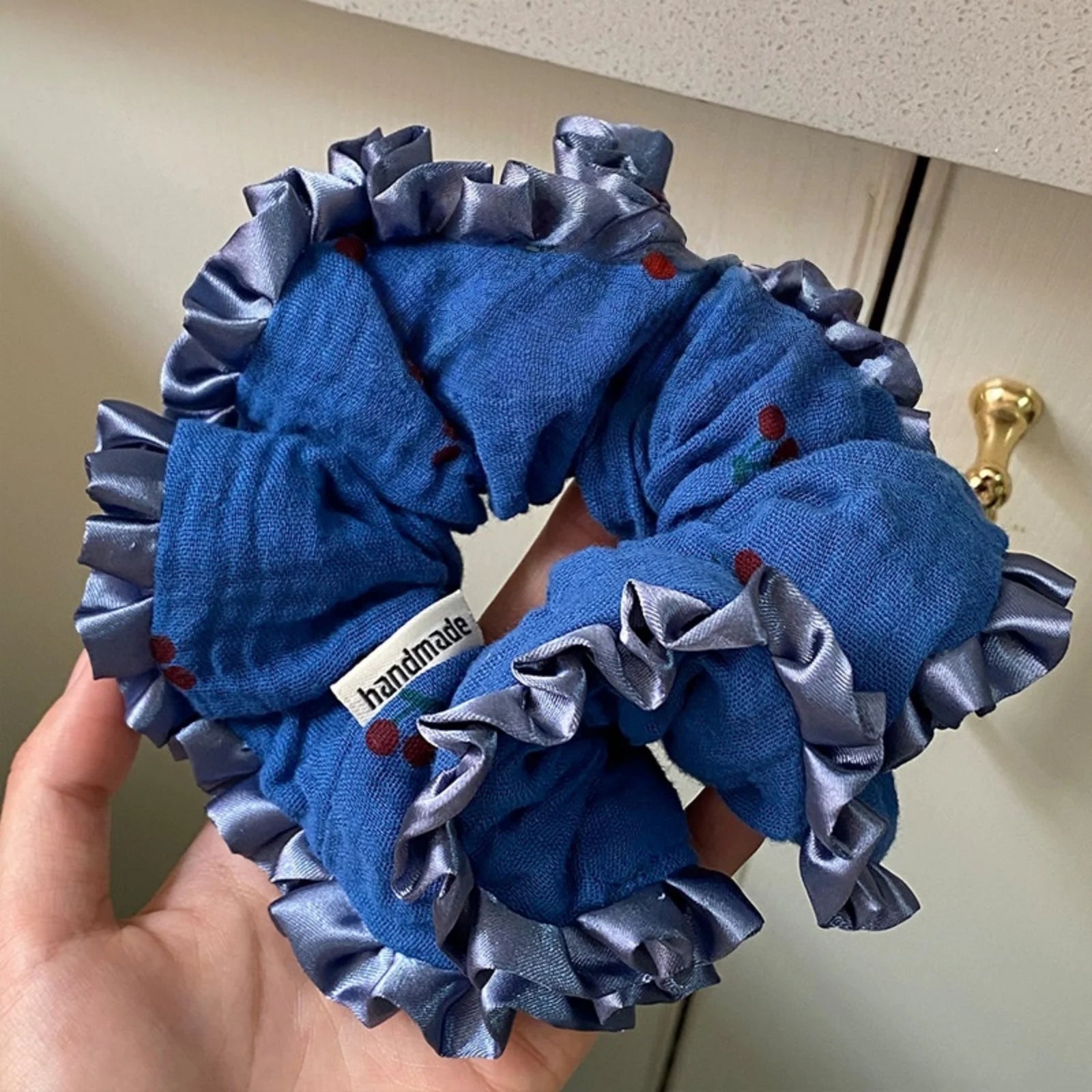 LIZAKOSHT  -  1PC Navy Blue Baby Cotton Gauze Fabric Small Cherry Hair Scrunchie - Ruffled Hair Accessory & Hair Tie for Ponytails