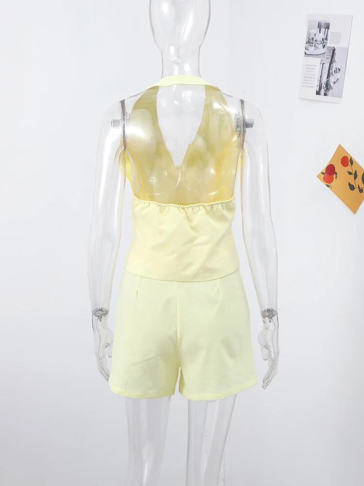 LIZAKOSHT  -  Fashion Halter Women's Two Piece Suit V-neck Sleeveless Single Breasted  Backless Top Short Pants 2025 Summer Lady Causal Outfit