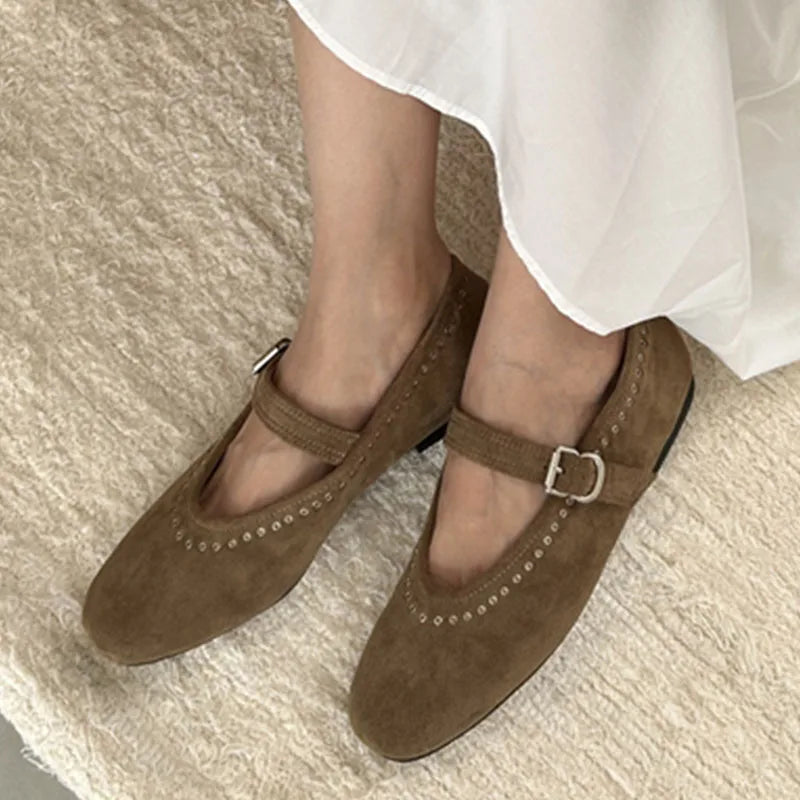 LIZAKOSHT  -  Round Toe Ladies Ballet Flats Back Strap Women Lolita Casual Outside Autumn Fashion Brand Rivet Shoes Suede Mary Jane Mujer