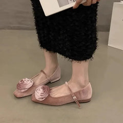 LIZAKOSHT  -  Velvet Flowers Flat Mary Jane Shoes for Women Shallow Elegant Dress Shoes Comfort Soft Sole Square Toe Designer Ballet Shoes