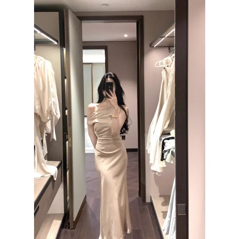 LIZAKOSHT  -  French Temperament Satin Dress New Summer Oblique Shoulder Sling Collar Fishtail Skirt for Women