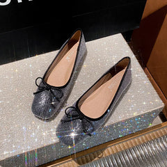LIZAKOSHT  -  bling bling bowtie flat shoes woman square toe pink glitter ballet flats 35-43 big size shiny moccasins women bow loafers