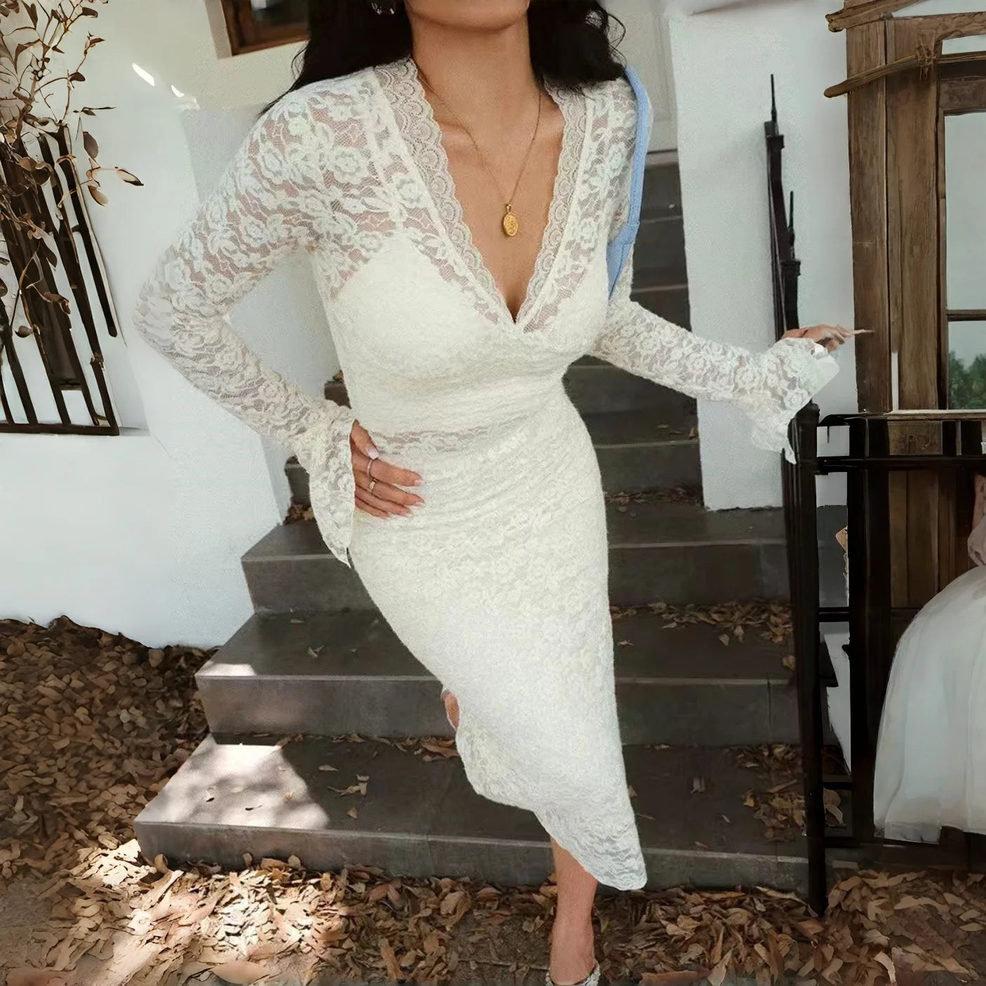 LIZAKOSHT  -  Sexy See Through Lace Women 3 Piece Sets White V-neck Long Sleeve Dress Sets Winter Slim Elegant Party Evening Dress