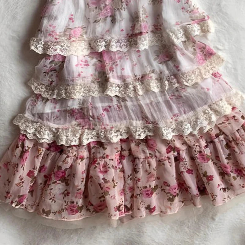 LIZAKOSHT  -  Summer New Sweet Print Retro Skirt Suits Women Lace Patchwork Tops + Fluffy Skirts French Elegant Slim Vintage 2 Piece Sets