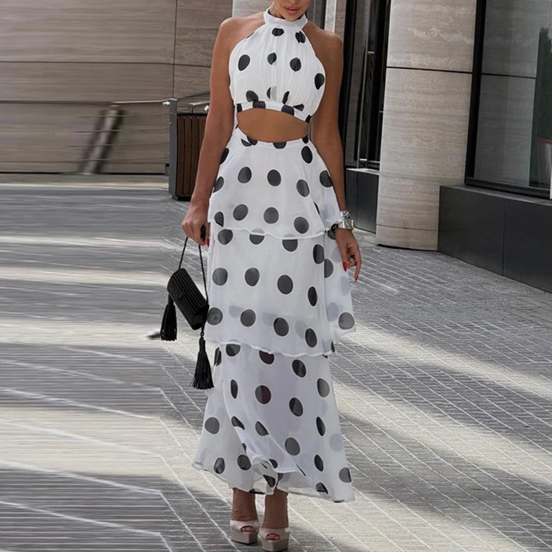 LIZAKOSHT  -  Polka Dot Print Holiday Skirt Outfits Sexy Halter Sleeveless Top & Layered Ruffle Skirt Set Women Elegant Luxury Slim 2Pc Suits