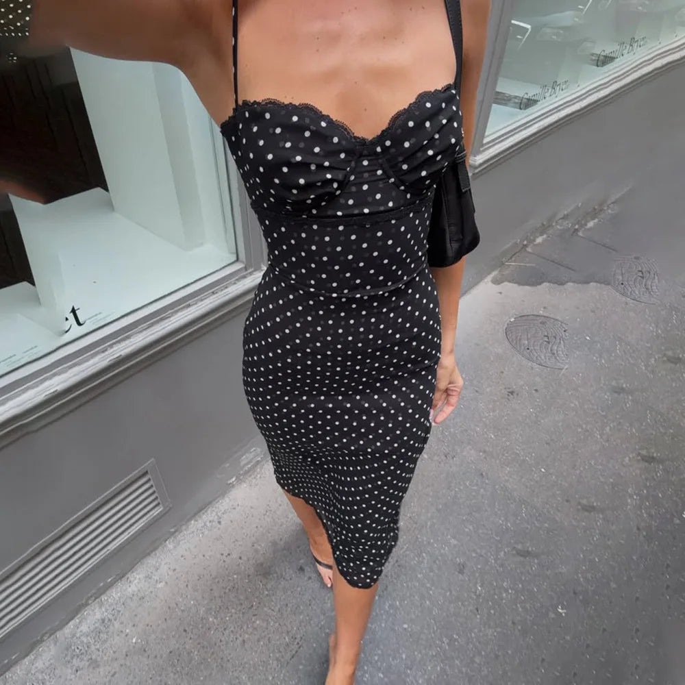 LIZAKOSHT  -  Elegant Lace Patchwork Chiffon Polka Dot Dress White Black Summer Women Spaghetti Strap Zipper Evening Party Dresses