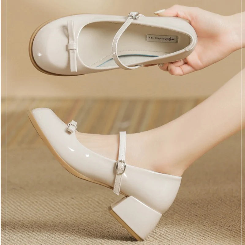 LIZAKOSHT  -  Women 5cm High Heels Cute Valentine Pumps Female Patent Leather Bow Square Heels Lady Elegant Metal Buckle Strap Mary Jane Shoes