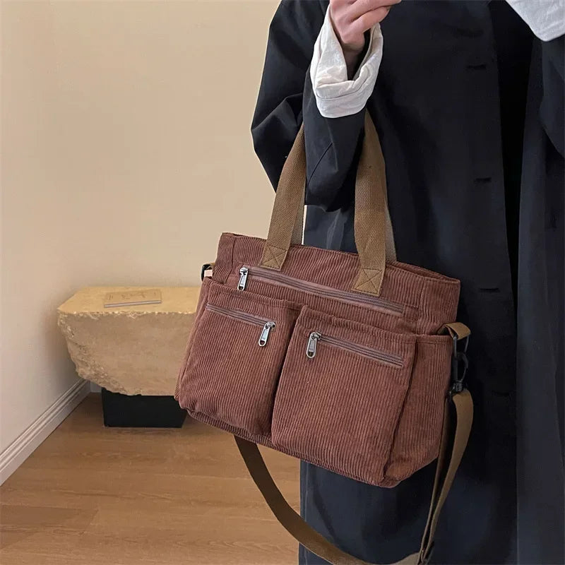 LIZAKOSHT  -  Large Capacity Corduroy Women Crossbody Bags Classic Korea Style Elegant Shoulder Bag Traveling Multilayer Thick Handbag