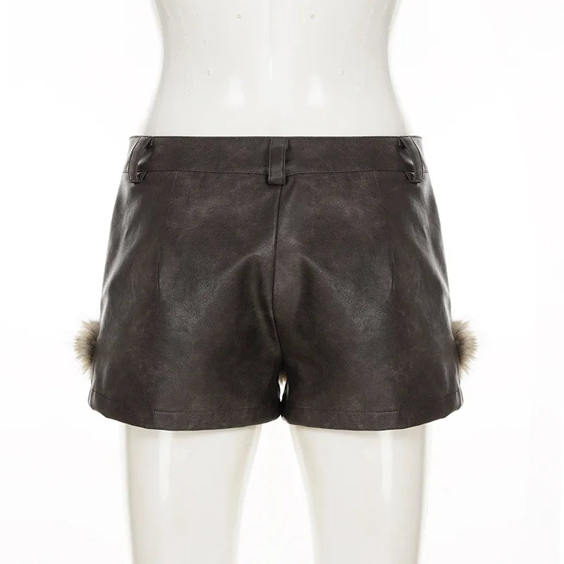 LIZAKOSHT  -  Women Fluffy Faux Fur Patchwork PU Leather Shorts 2025 Fall Winter Button Fly Medium Waist Slim Casual Streetwear Night Clubwear