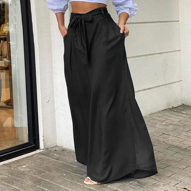 LIZAKOSHT  -  Fall Women Long Pants High Waist Fashion Belted Casual Loose Solid Wide Leg  Pants Streetwear Fashion Women Pants Skirt