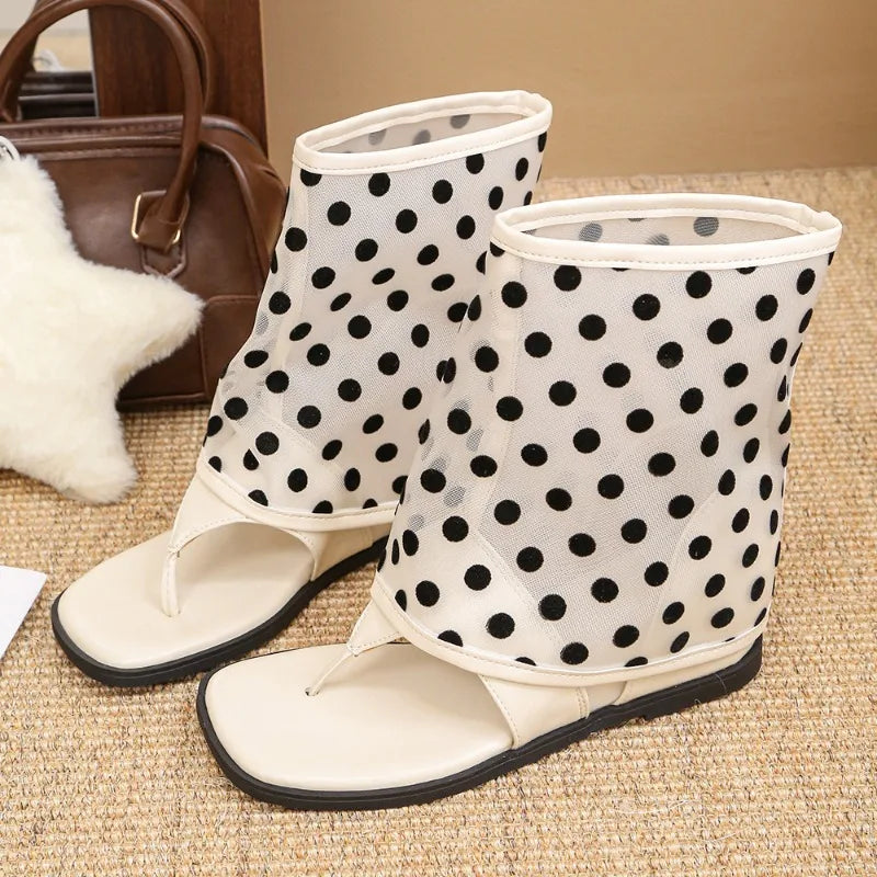 LIZAKOSHT  -  Vintage Spring Polka Dot Clip Toe Ankle Boots Women Flats Heels Shoes Street Style Dress Lightweight Gladiator Boots for Summer