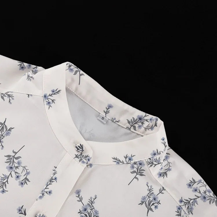 LIZAKOSHT  -  2025 French Style 2pcs Set Puff Sleeve Blouse & Printed Shorts High Neck Ruffle Trim Elegant Coords for Spring Summer