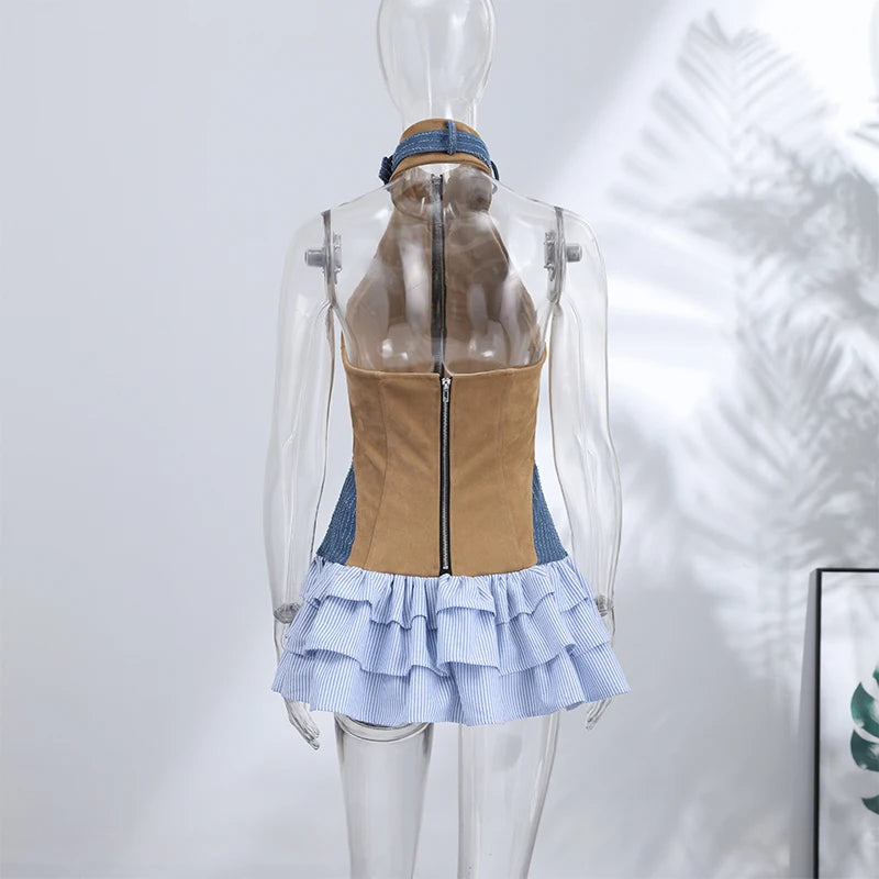 LIZAKOSHT  -  Color-Block Denim & Canvas Corset Ruffle Mini Dress Halter Neck Lace-Up Zipper Front Layered Summer Edgy Retro Women Outfit