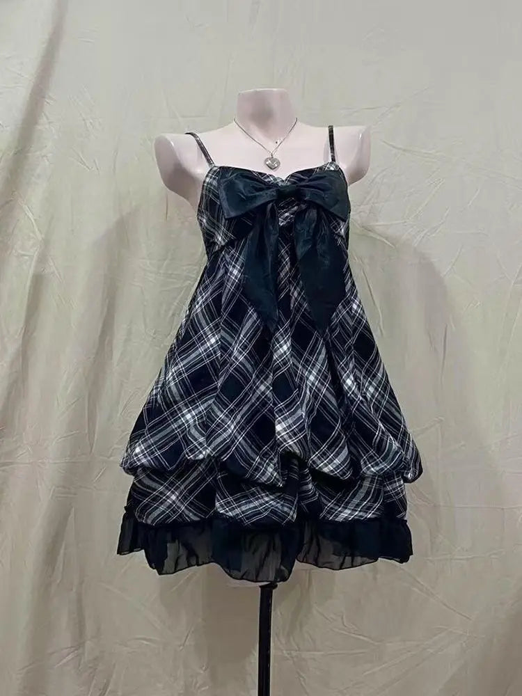 LIZAKOSHT  -  Vintage Sling Womens Dresses Plaid Bow Goth Punk Y2k Harajuku Korea Sleeveless Backless Sexy 2000s Mini Dress Summer Grunge Emo