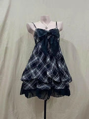 LIZAKOSHT  -  Vintage Sling Womens Dresses Plaid Bow Goth Punk Y2k Harajuku Korea Sleeveless Backless Sexy 2000s Mini Dress Summer Grunge Emo