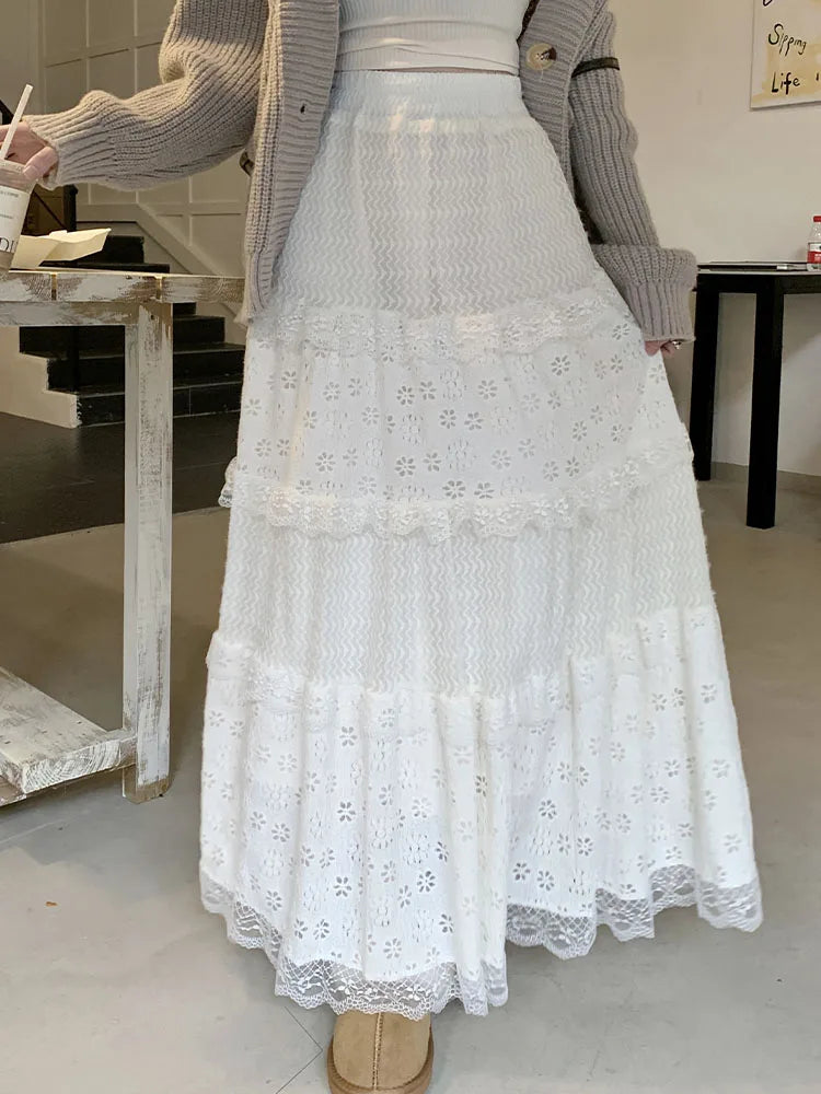 Lizakosht White Lace Long Skirt Women Vintage Fashion Hollow Out Cake Skirts Female Korean Casual Midi Dress Autumn Slim Ruffles Skirt