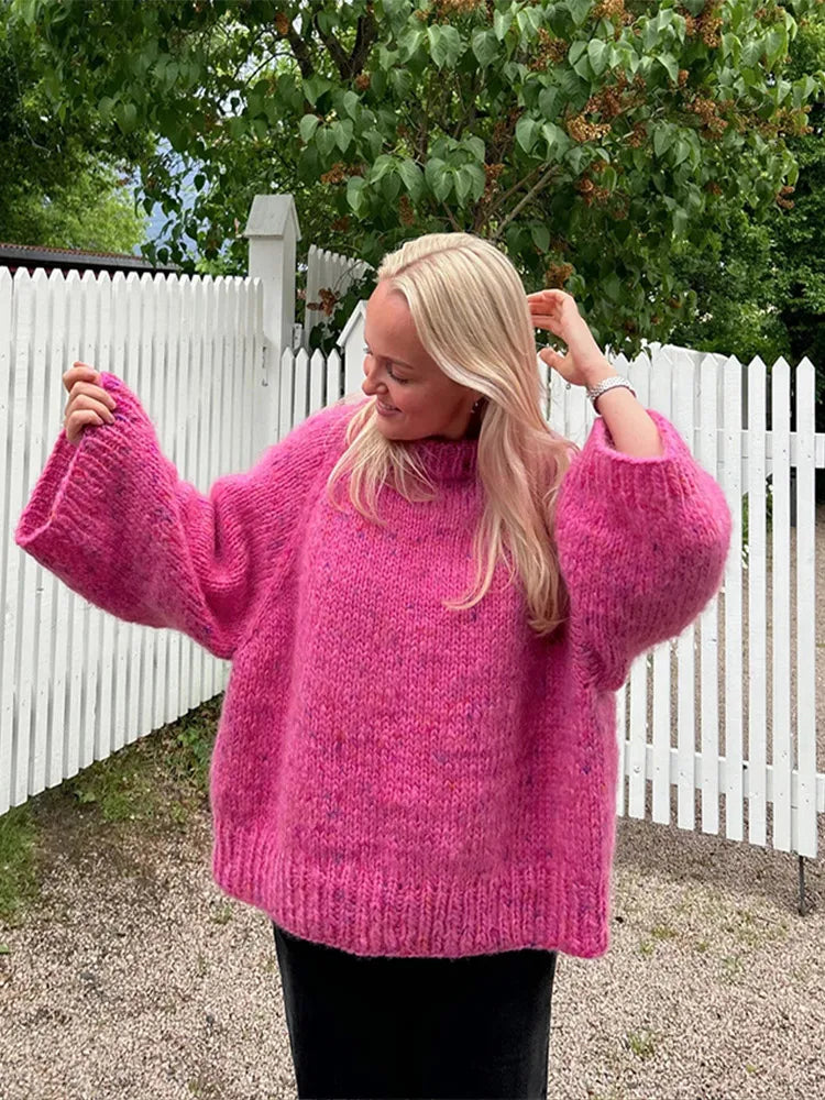 LIZAKOSHT  -  Sweet Rose Red Women Loose O-neck Pullover Elegant Long Flare Sleeve Casual Knitted Sweater Autumn Lady Commute Streetwear
