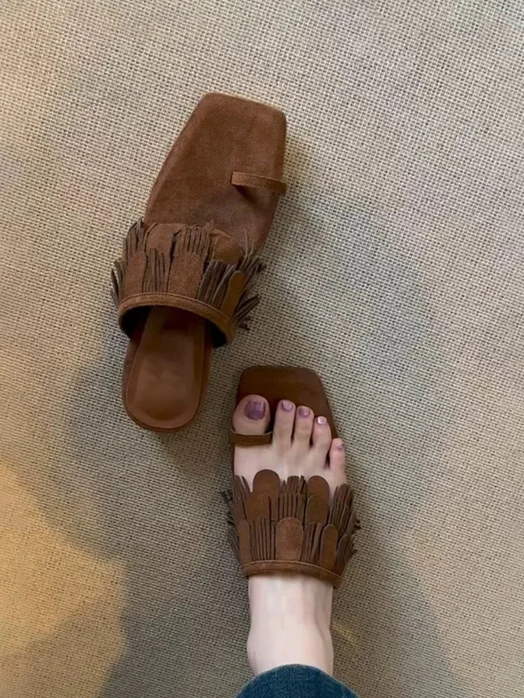 LIZAKOSHT  -  Fringe Brown Flip Flops Slippers Square Heels Peep Toe Suede Genuine Leather Sandals Summer Women's Vocation Fashion Shoes