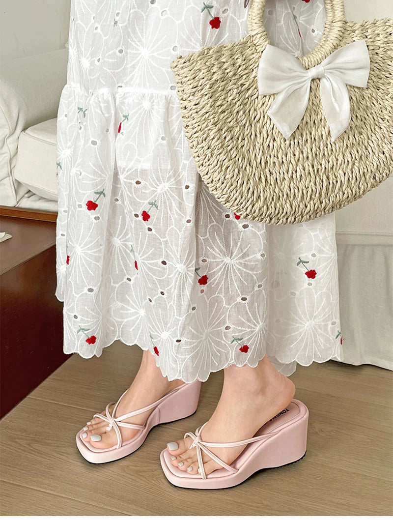 LIZAKOSHT  -  Designer Summer Women Wedges Heel Clip Toe Slippers Concise Narrow Band Slide Ladies Outdoor Party Dress Sandalias