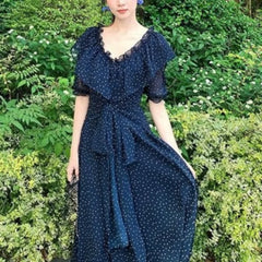 LIZAKOSHT  -  Women Dresses V Neck Polka Dot Ruffles Spring Summer Elegant Long Dress Korean Fashion Vintage Sweet Vestidos Mujer