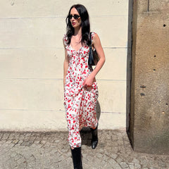 LIZAKOSHT  -  Women's Floral Print Cami Maxi Dress Boho Romantic Ruffle V Neck Long Dresses for Beach Holiday Ladies Summer Vestidos