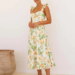 LIZAKOSHT  -  Fashion Floral Print High Waist Long Dress Casual Women Off Shoulder Pleated Beach Dress Sexy Sleeveless Holiday Suspender Dress