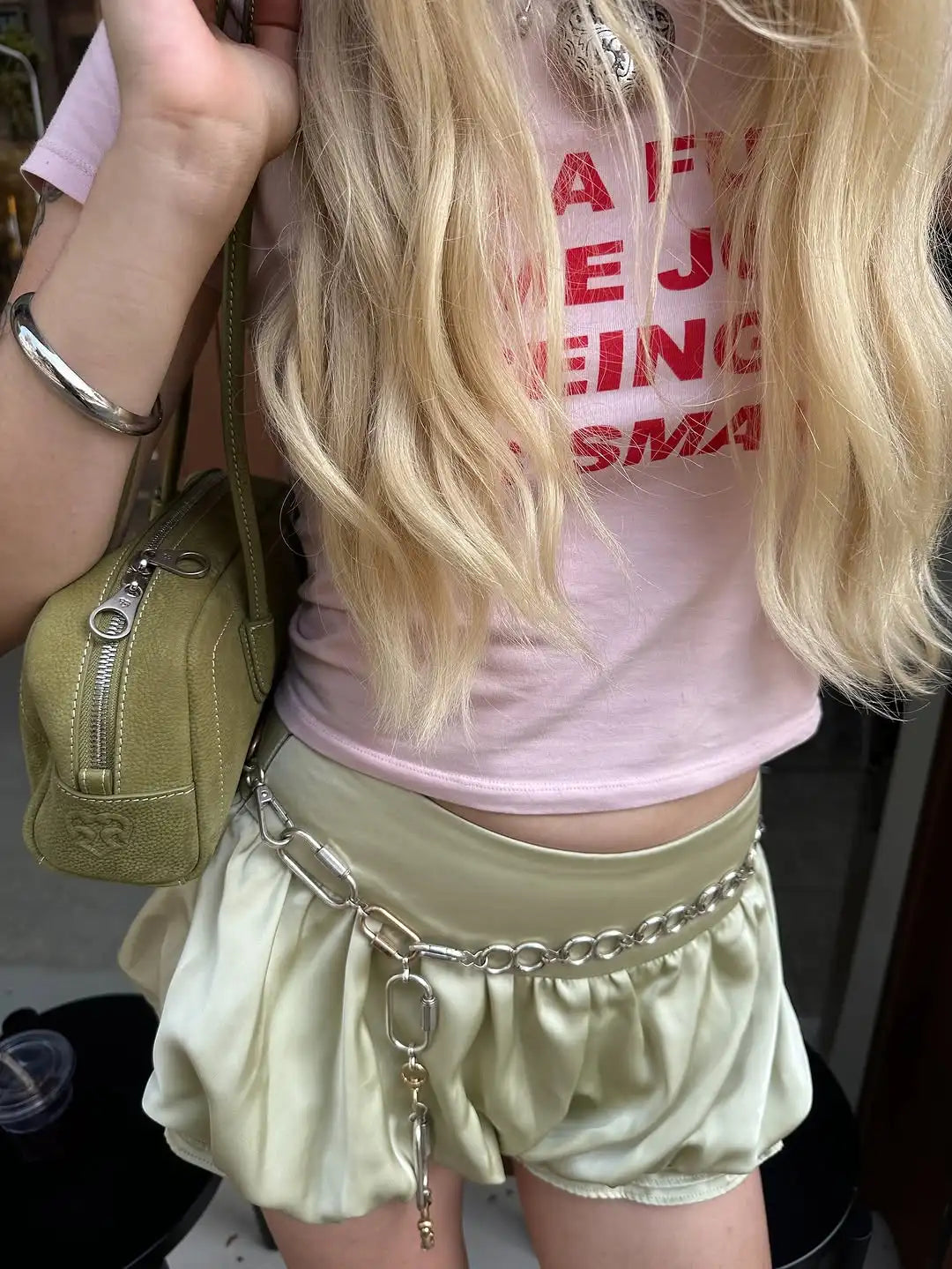 LIZAKOSHT  -  Lady Chic Satin Bubble Shorts Women Light Green Chain Trim High-waist Casual Street Vacation Bottoms Summer Outing Pants